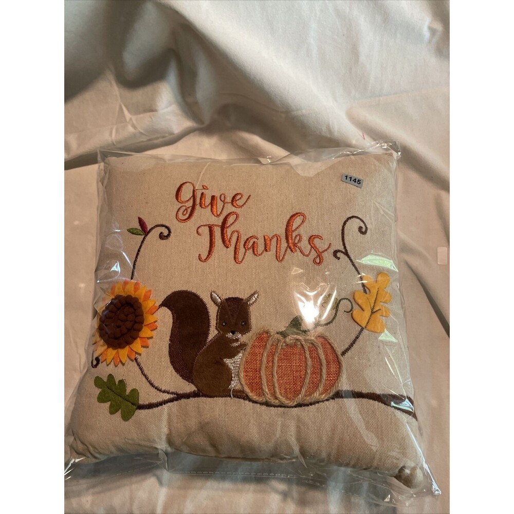 Farmhouse Autumn Give Thanks Squirrel Embroidered Throw Pillow 12” CUTE!! - Picture 8 of 8